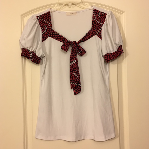 Bow Blouse Capped Lantern Sleeves Floral - Picture 2 of 4